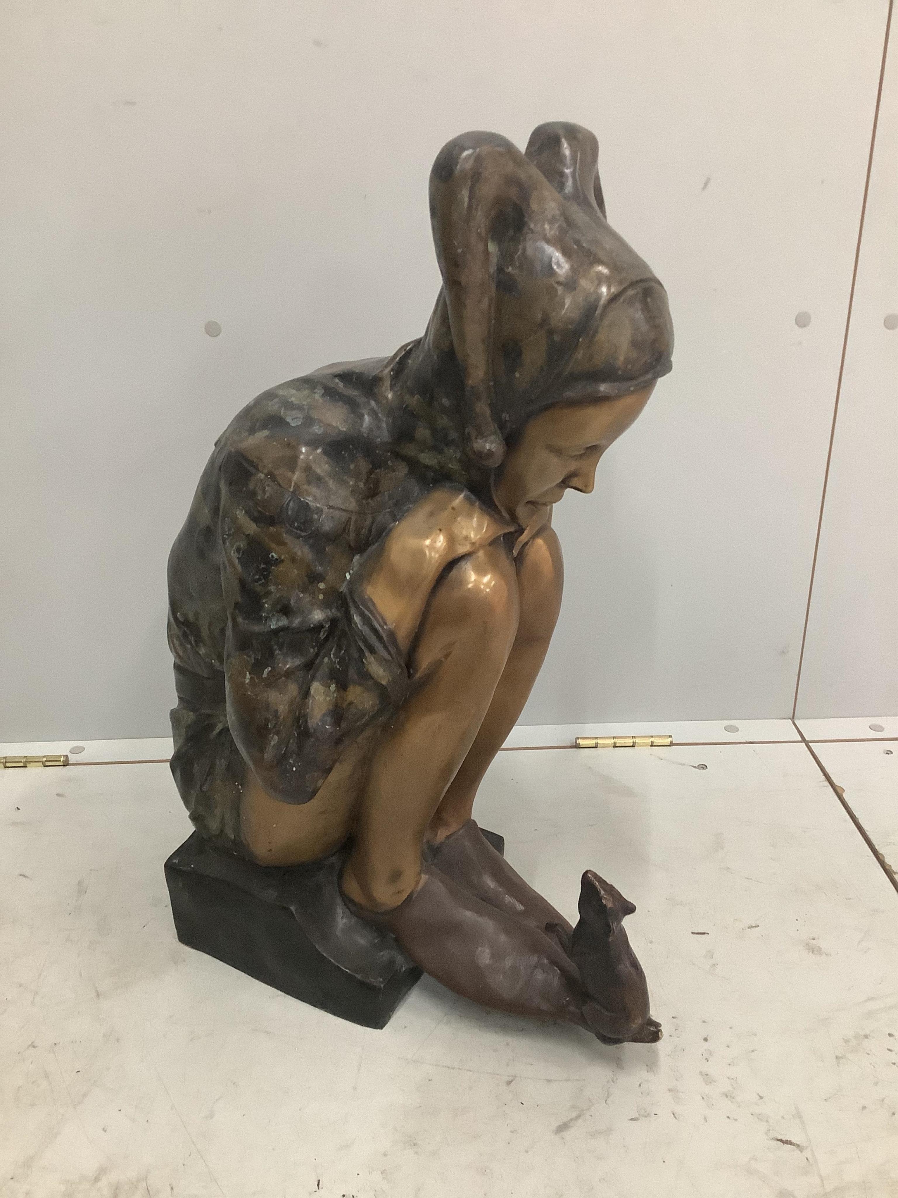 After Johann Wolfgang Elisher. A modern bronze figure of a seated jester and mouse, height 64cm. Condition - fair to good